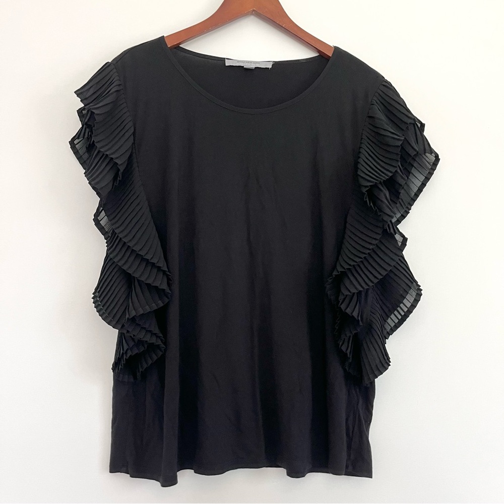 Andrew Marc New York Black Ruffle Sleeve Blouse Top Boho Style Basic XL